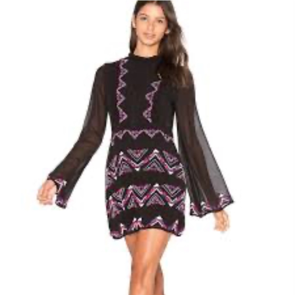 Rococo Sand RARE Silk T-Back Embroidered Long Sleeve Mini Dress